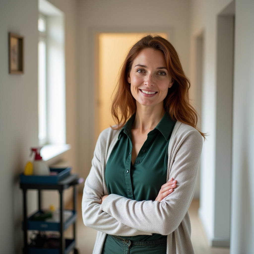 Founder of Ravata Verebo standing in a bright hallway with cleaning equipment nearby