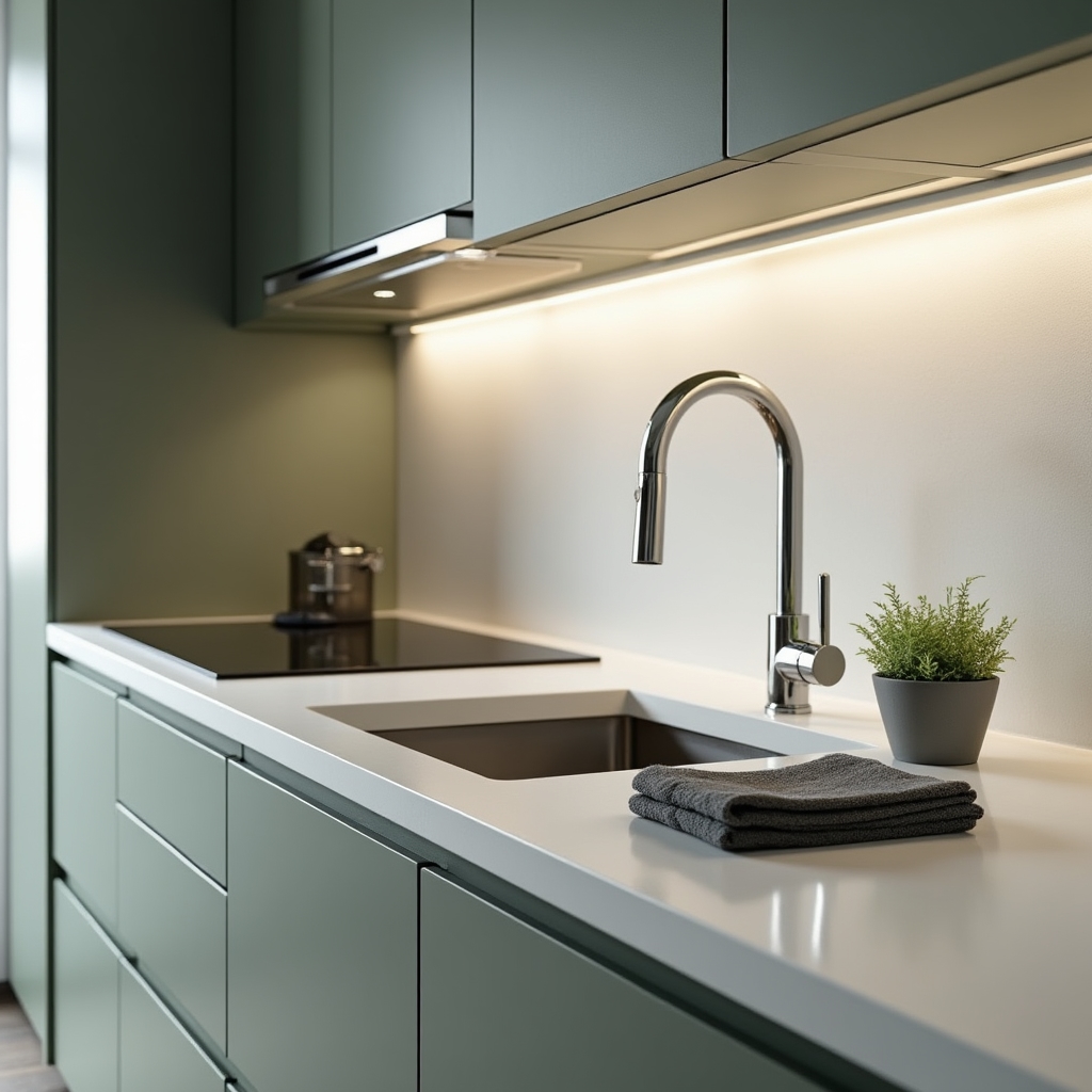 Clean kitchen counter and stovetop with polished surfaces
