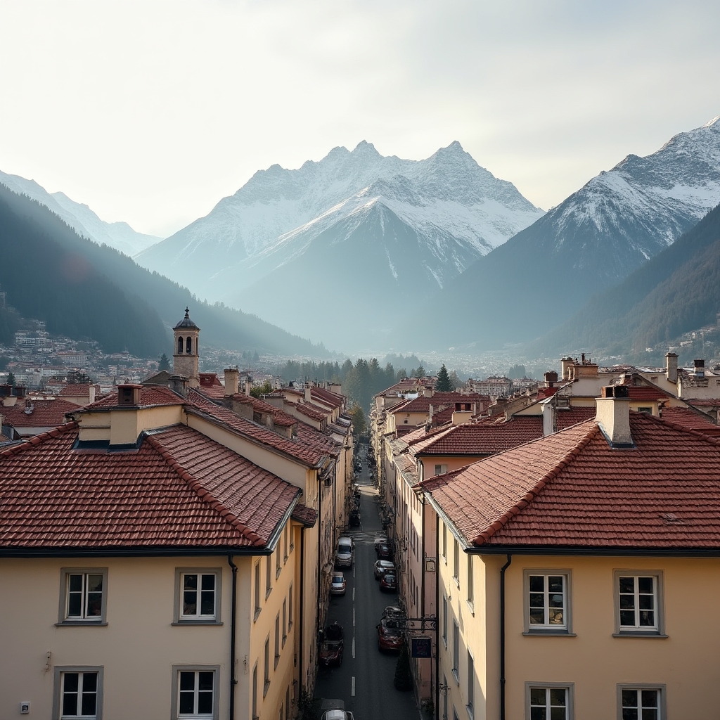 Wide view of Innsbruck rooftops with mountains in the background